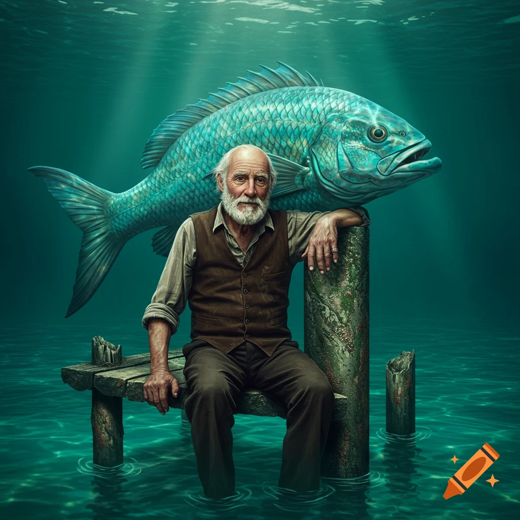 Old man sits on a submerged dock in murky water with a giant fish behind him.