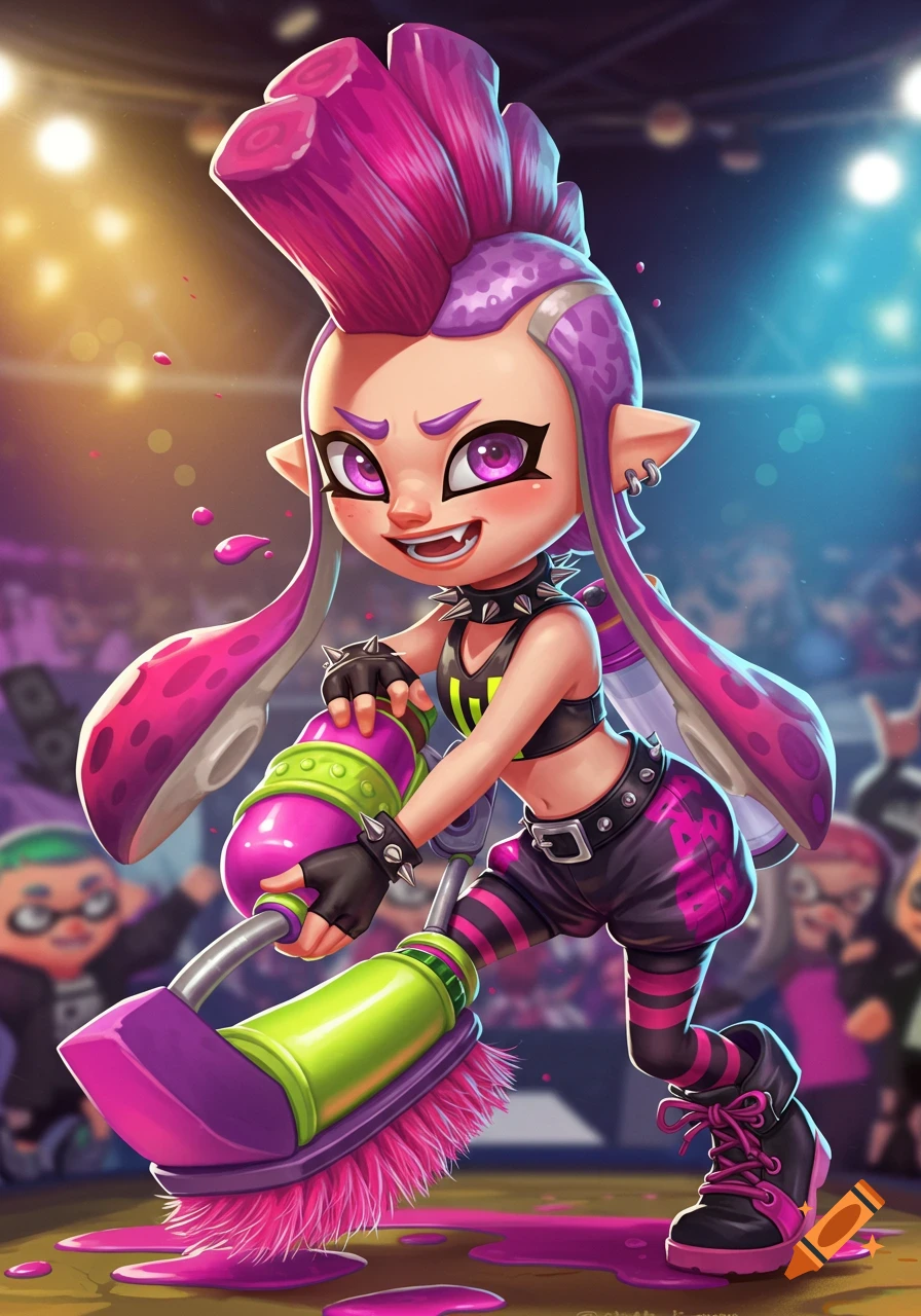 Cartoon depiction of Shiver from Splatoon on a stage, holding a pink and green paint roller weapon.