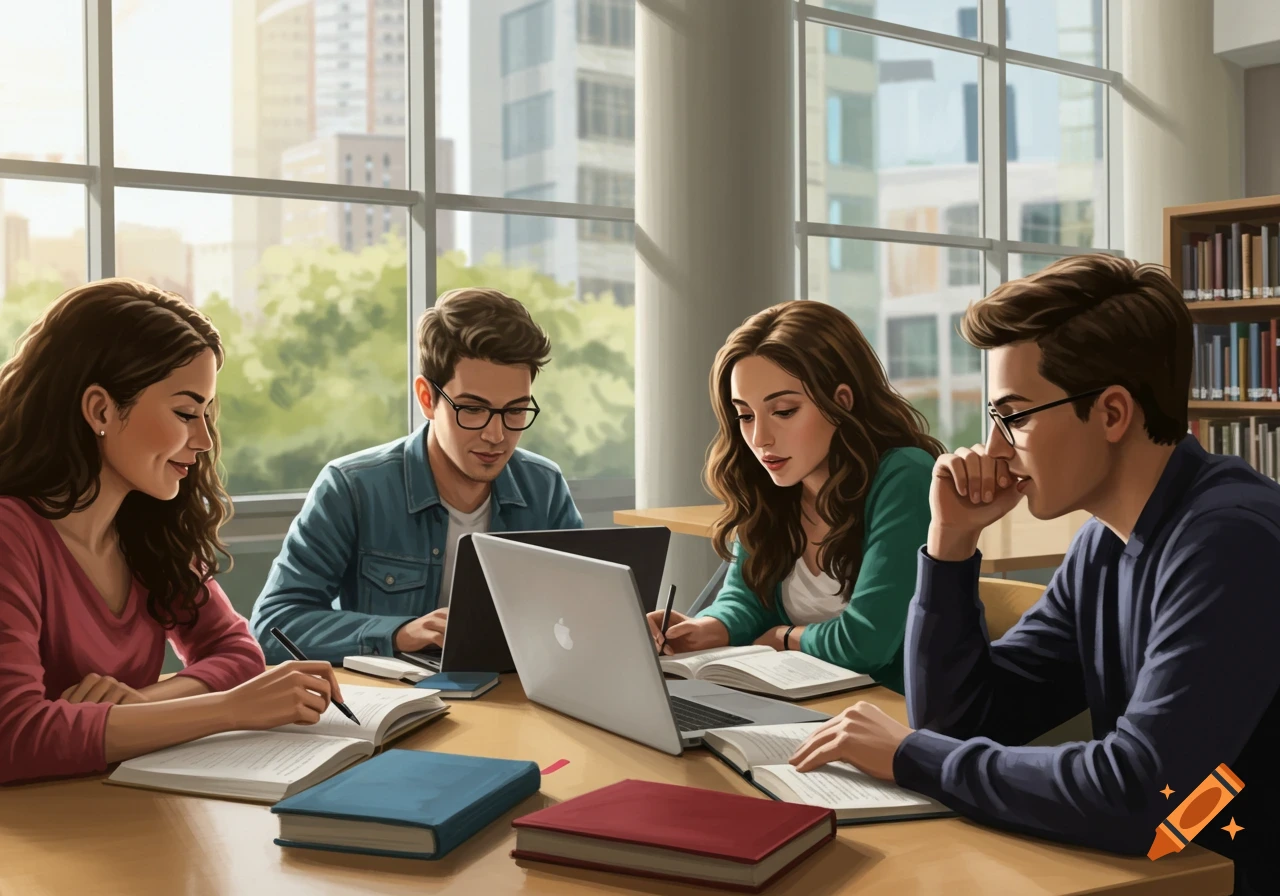 Four students studying at a table in a library with laptops and books, sunlight through windows