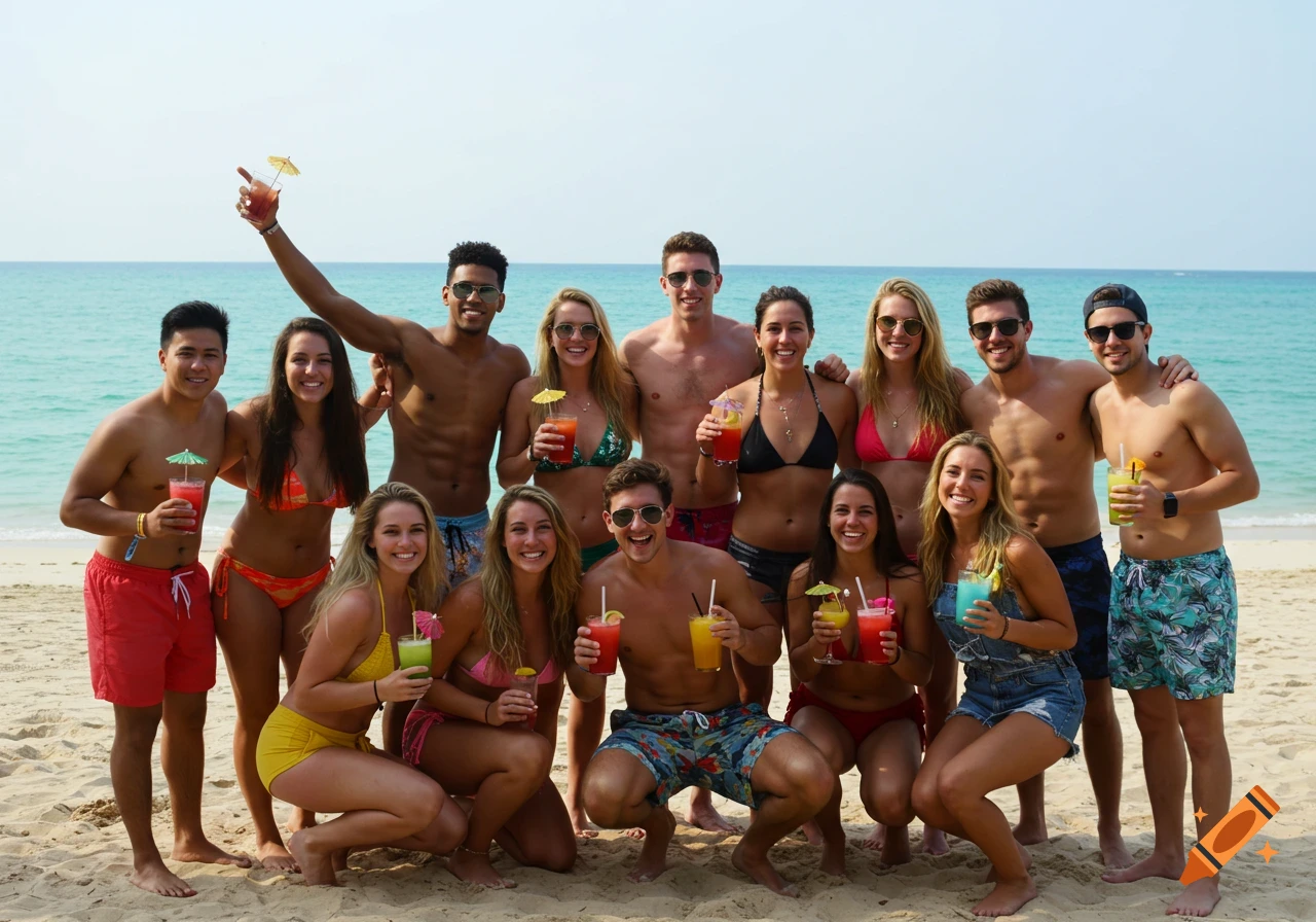 Group of friends holding drinks and posing on a beach.