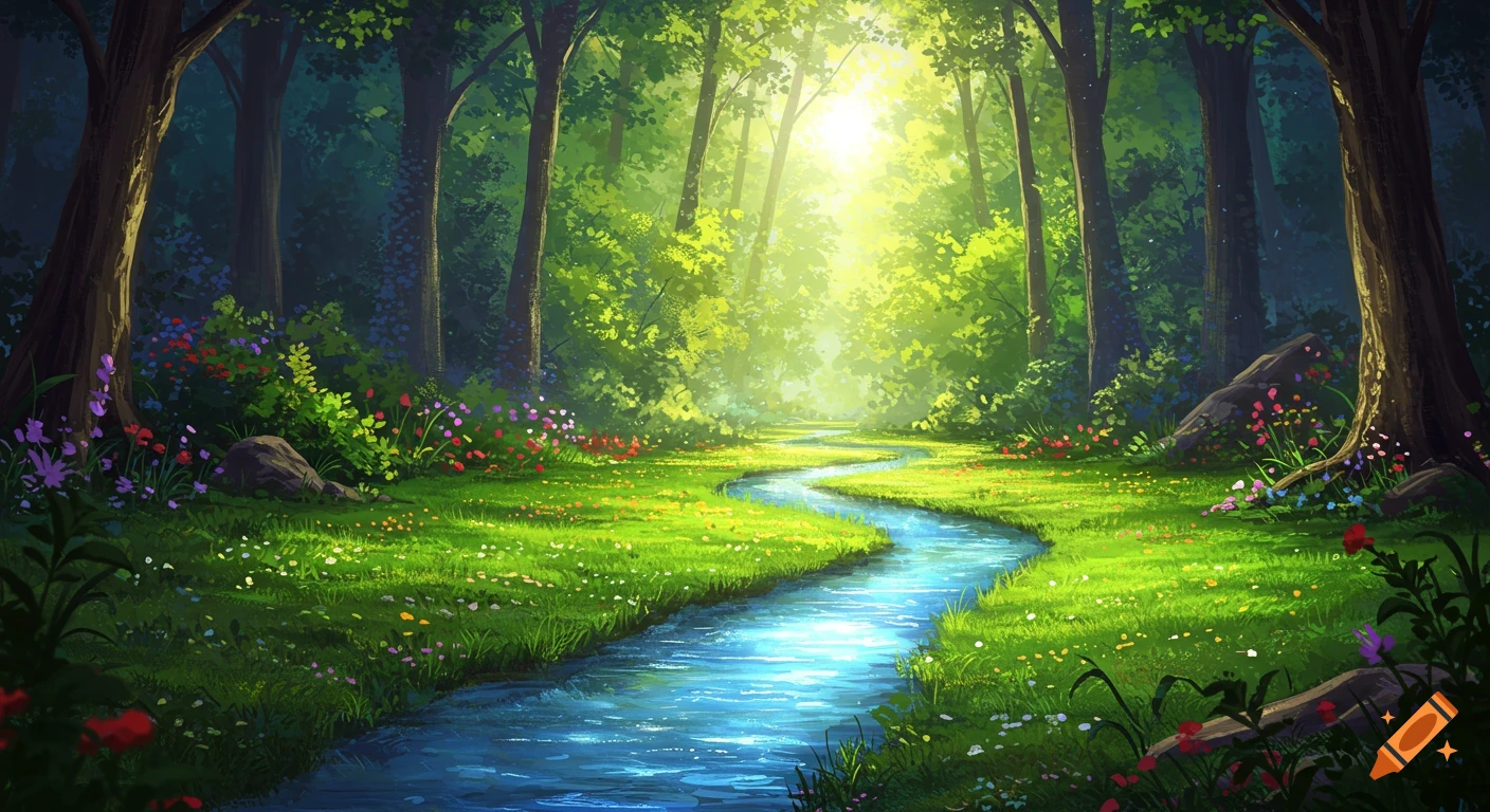 Sunny forest landscape with a winding blue river, green grass, trees, and colorful flowers in a digital painting style.