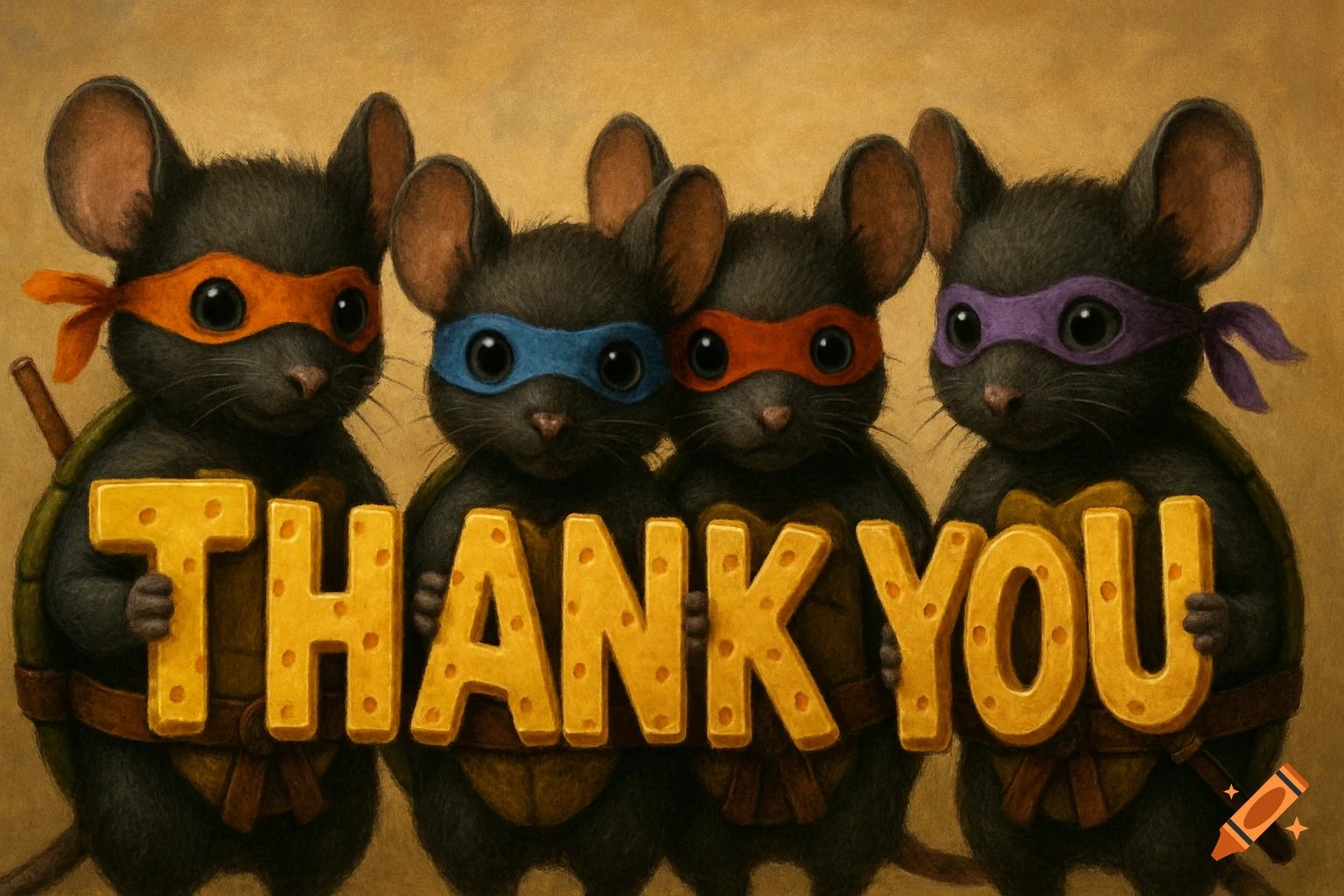 Four cute mice dressed as Teenage Mutant Ninja Turtles hold cheese letters spelling 'THANK YOU'.