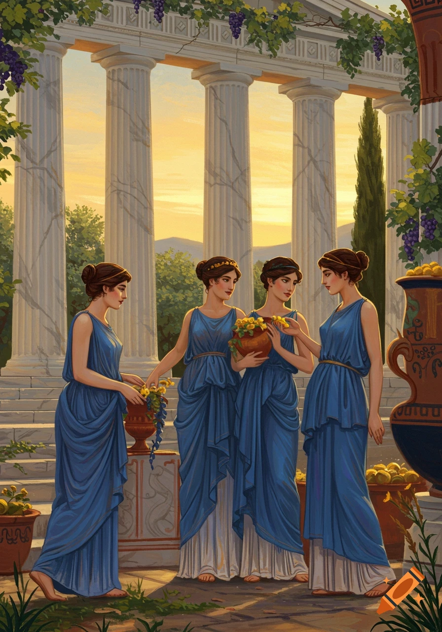 Four women in blue ancient Greek dresses stand near columns and pottery at sunset.