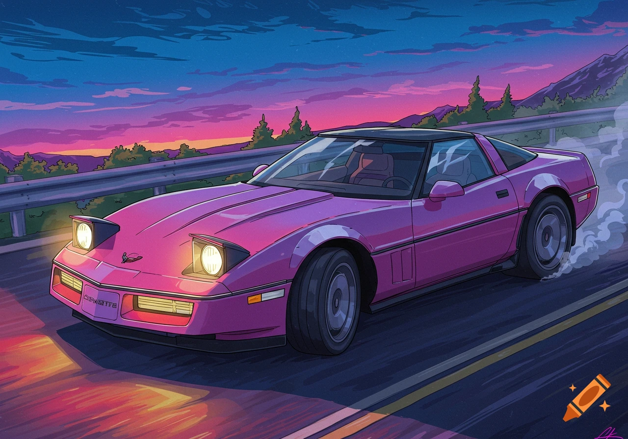 Anime style purple Corvette sports car driving on a road at sunset.