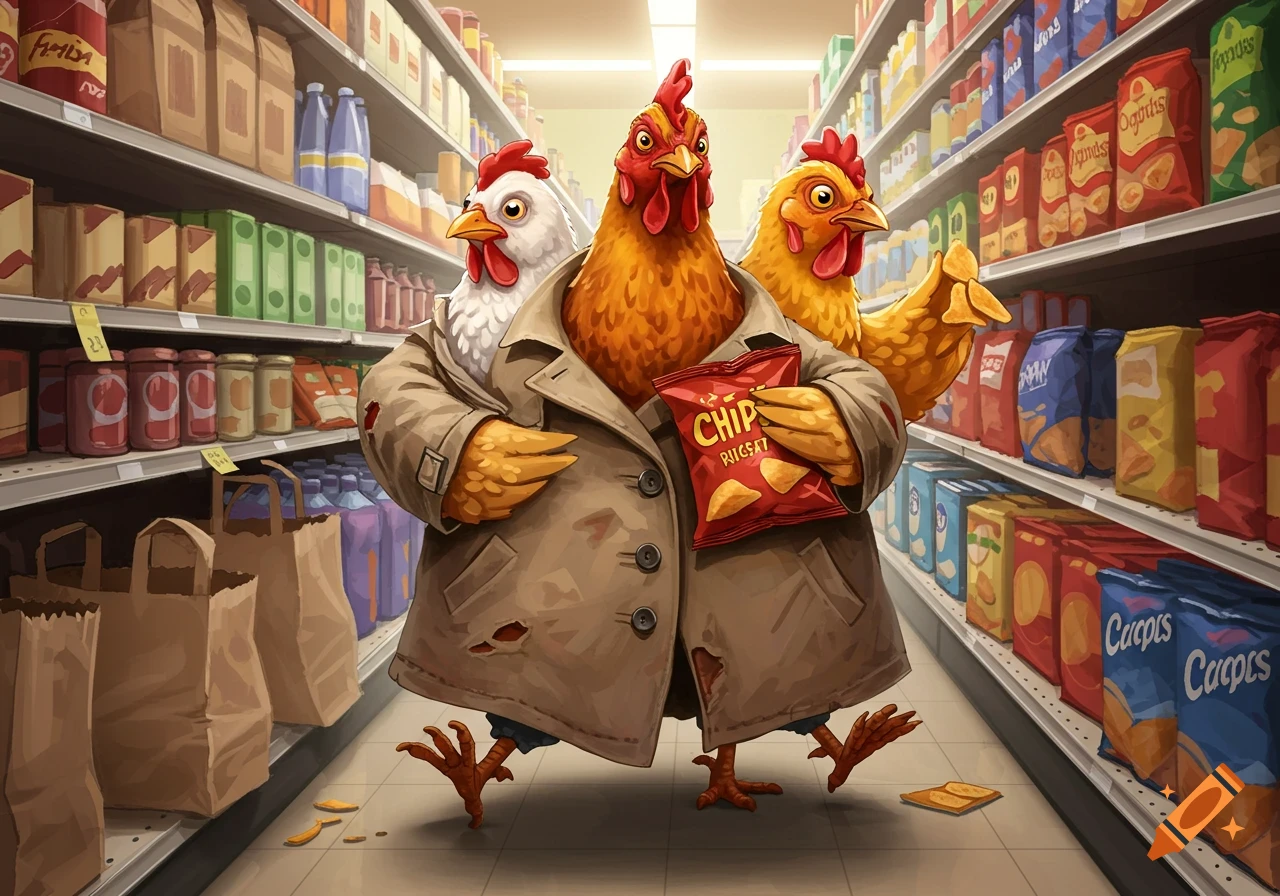 Three chickens in a trench coat walk through a grocery store aisle, one holding a bag of chips. Cartoon style.