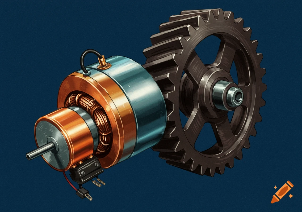 An illustration of a small electric motor connected to a large gear on a blue background.