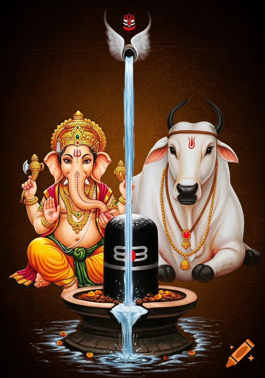 Ganesh, Shiva Lingam, and Nandi the bull with water pouring onto the lingam.