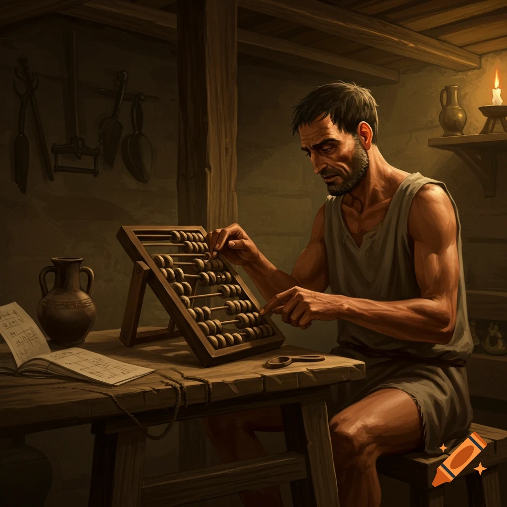 An ancient man sits at a wooden table, calculating on an abacus in a dimly lit room.