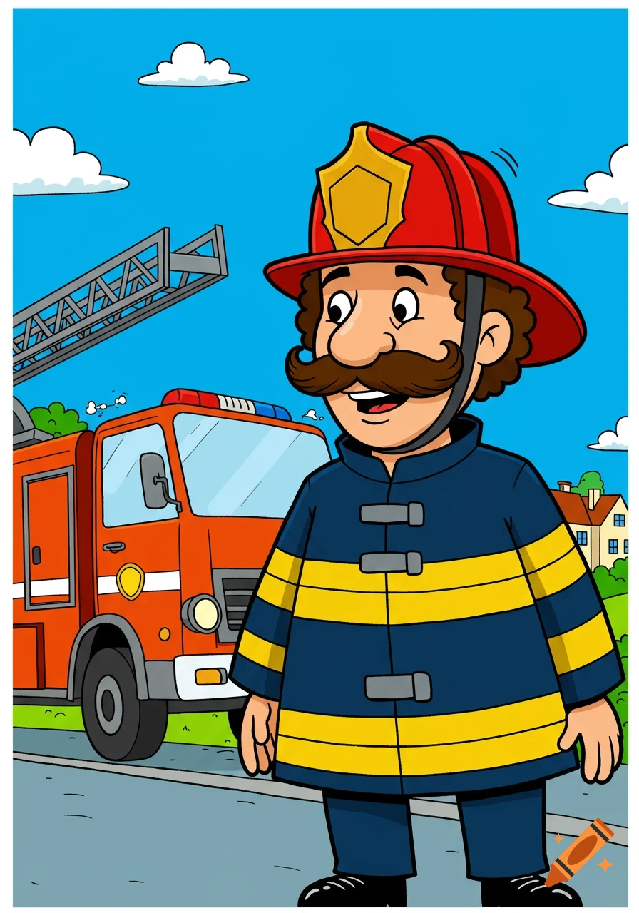 Cartoon firefighter with a mustache standing in front of a fire truck.