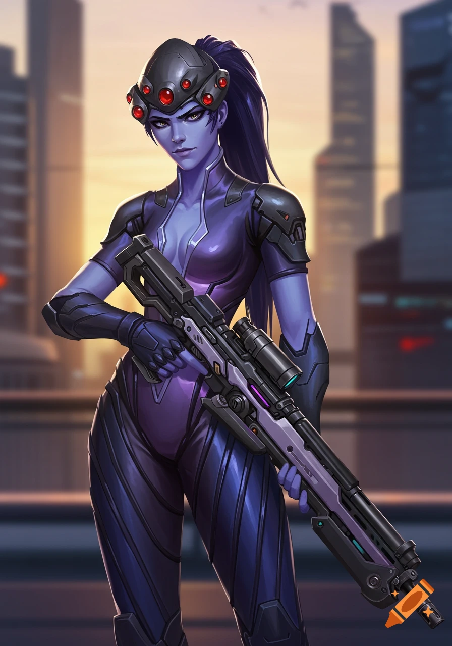 Stylized digital art of a woman in a purple sci-fi suit holding a sniper rifle with a city background.