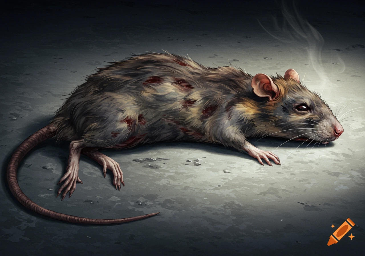 Illustration of a dead rat lying on the ground with visible wounds.