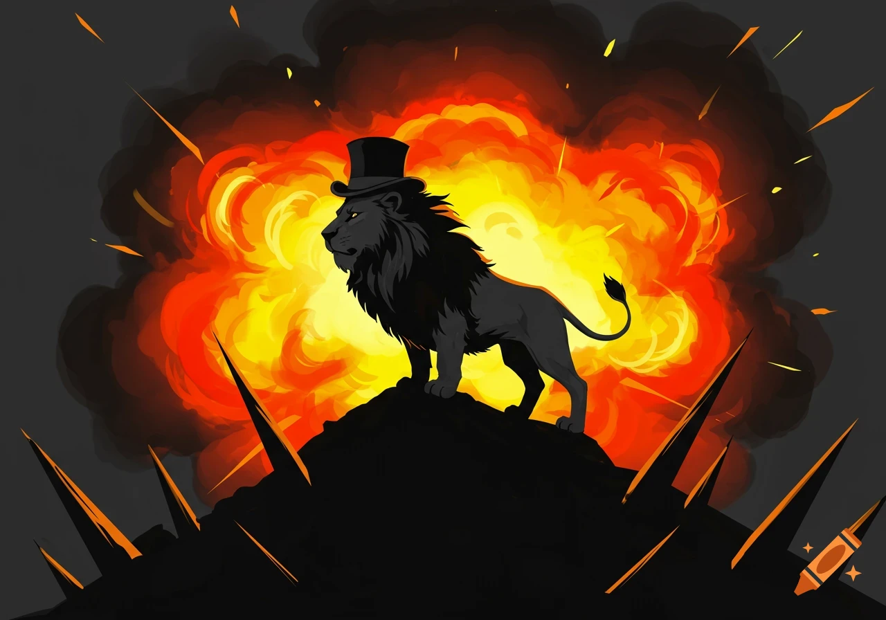 A stylized image of a dark lion wearing a top hat, standing on a rocky, spiky hill with a large explosion behind it.