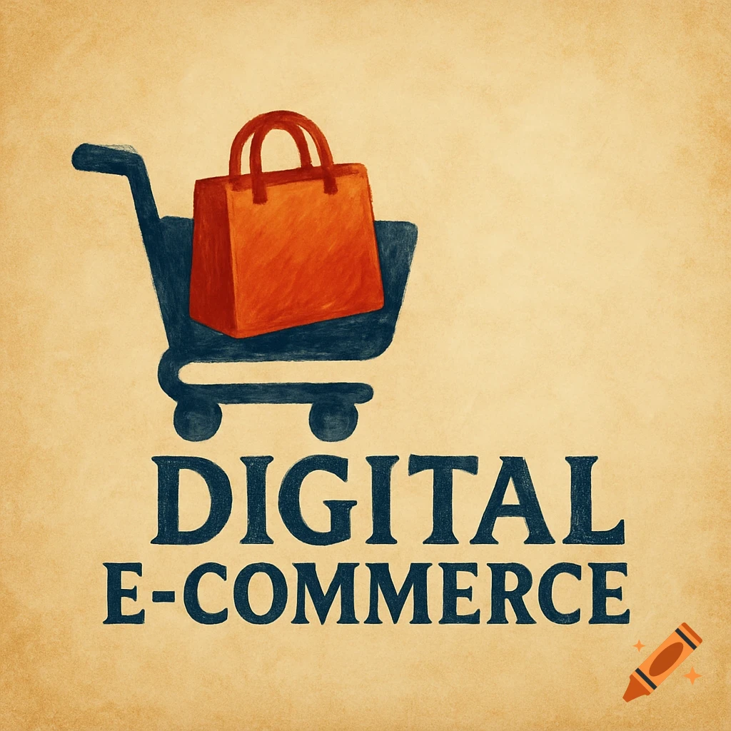 Textured illustration of a shopping cart with an orange bag and the text 'DIGITAL E-COMMERCE' below.