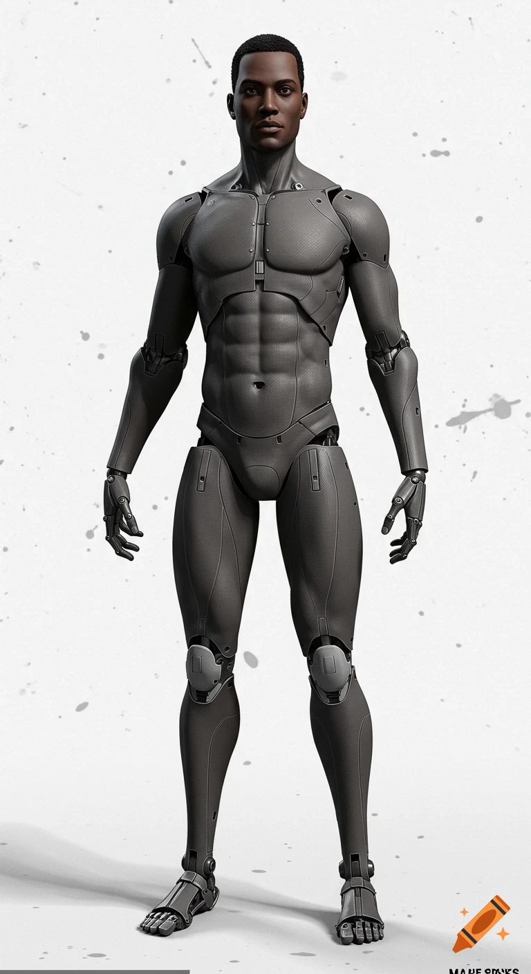 A 3D render of a dark-skinned male action figure with joints and plating, standing against a white background with paint splatters.