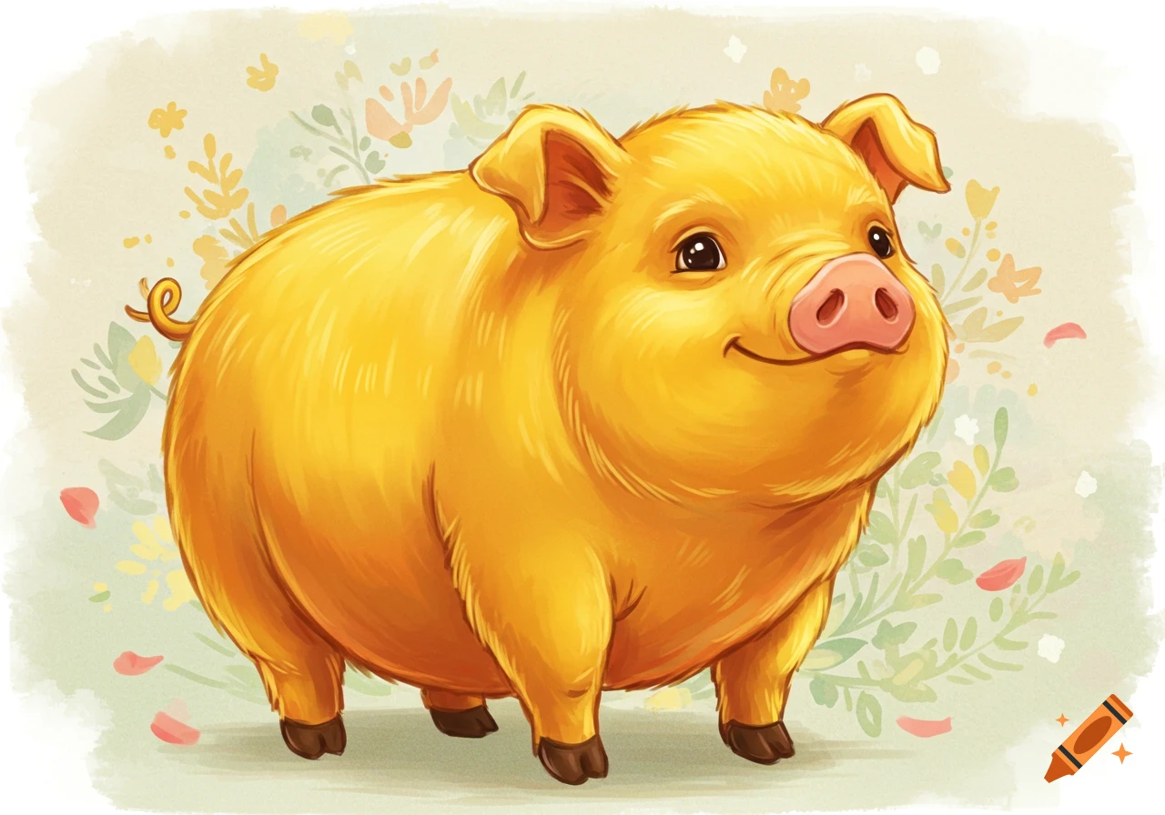 A golden cartoon pig smiles among flowers in a watercolor style.
