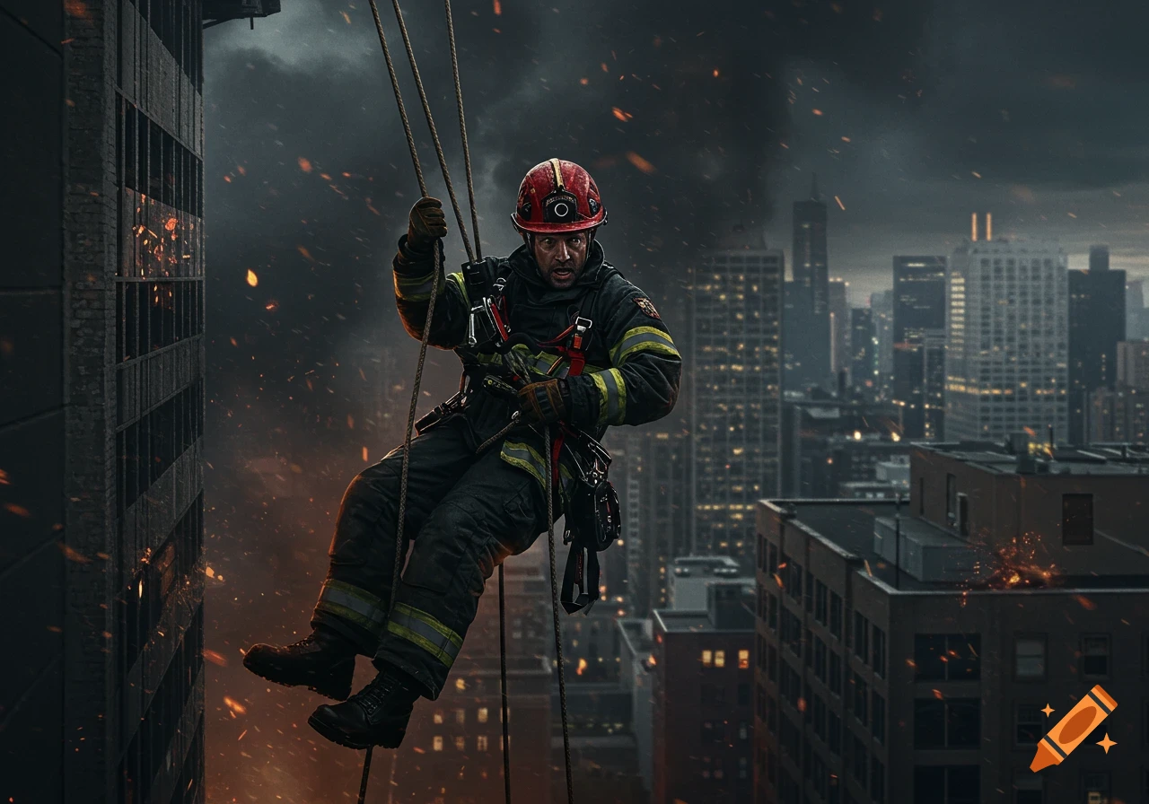 A firefighter rappels down the side of a burning building over a city skyline.
