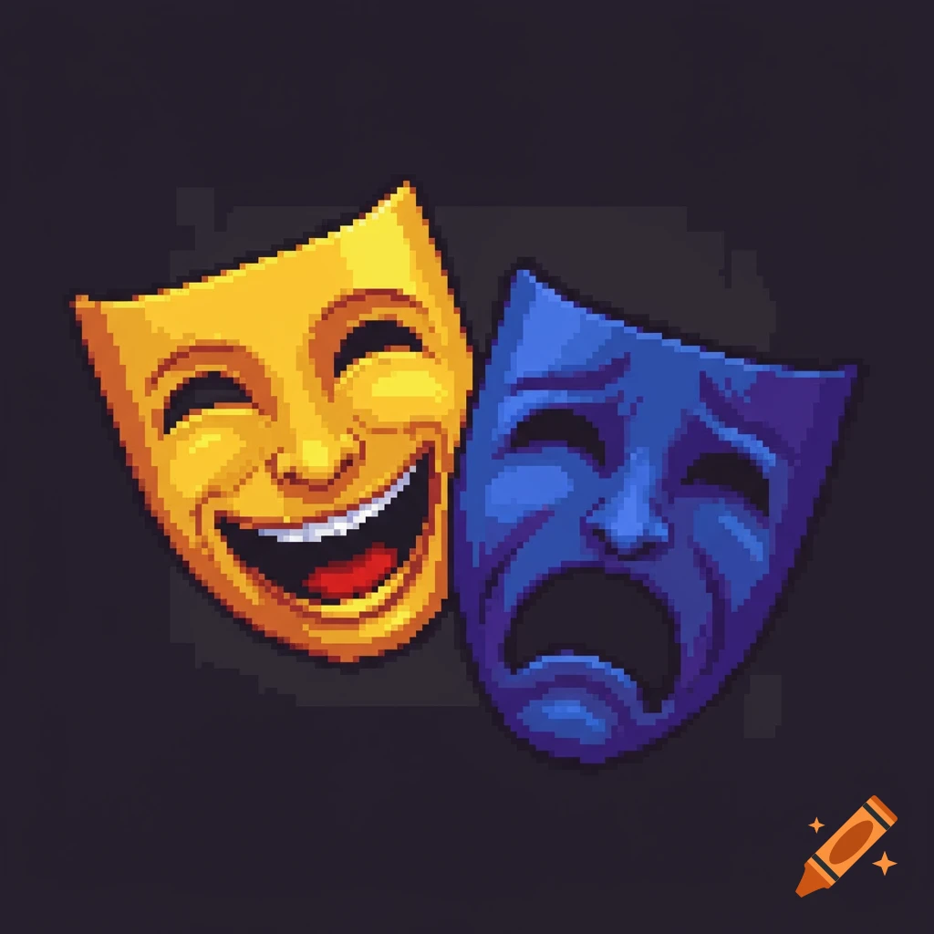 Two theatre masks, one yellow laughing and one blue crying, in pixel art style.