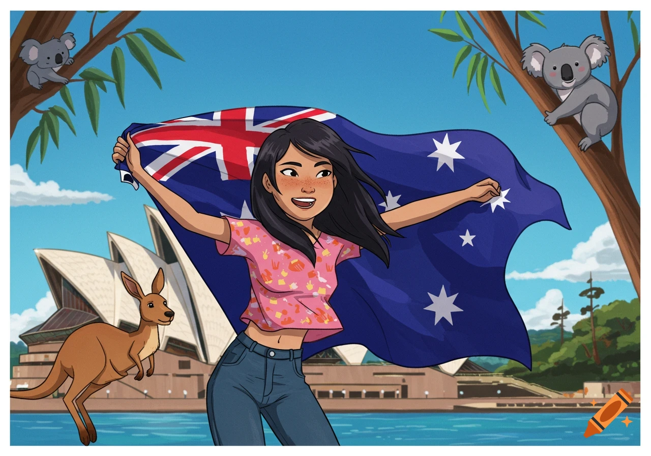 Cartoon of a woman holding an Australian flag in front of the Sydney Opera House, with a kangaroo and koalas.
