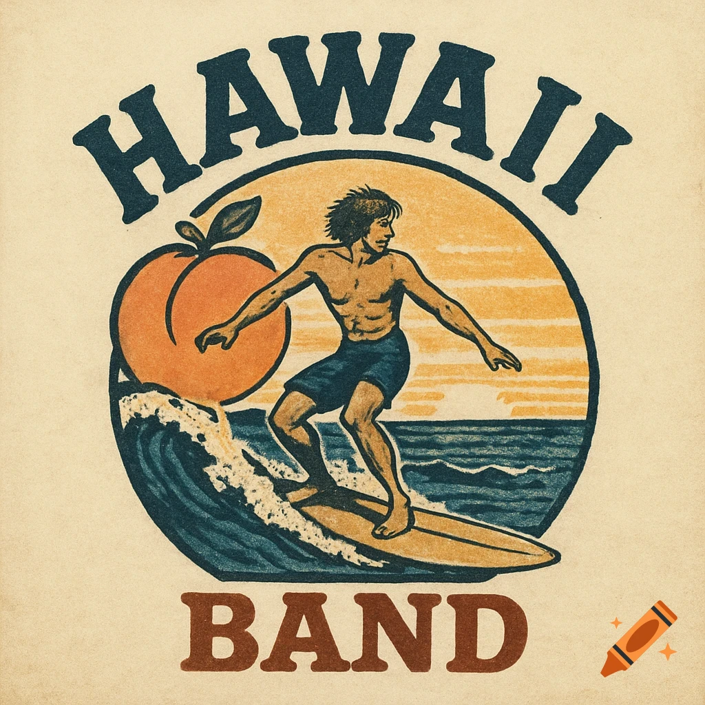 Vintage logo of a surfer riding a wave under a peach-shaped sun, with text HAWAII and BAND.