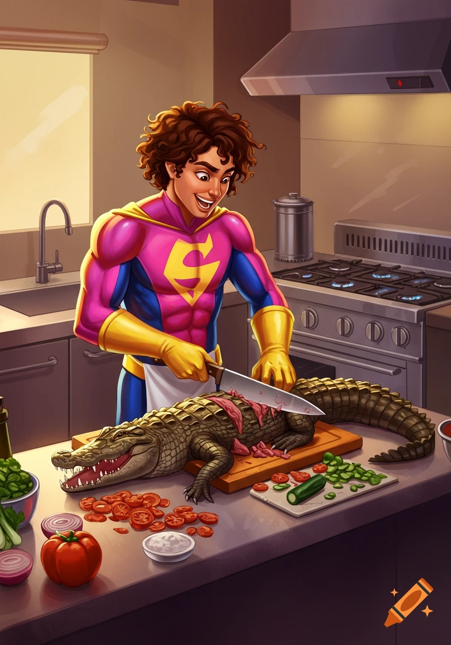 Cartoon illustration of a superhero cooking an alligator in a kitchen.