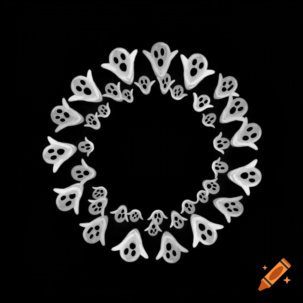 A circular pattern made of stylized white ghosts on a black background.