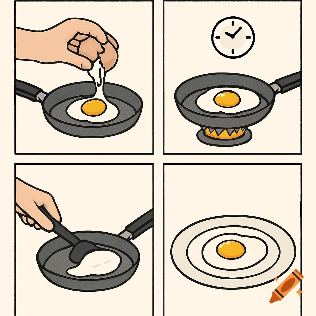 Four panel illustration showing how to cook a fried egg: cracking egg in pan, cooking, flipping, finished egg on plate.