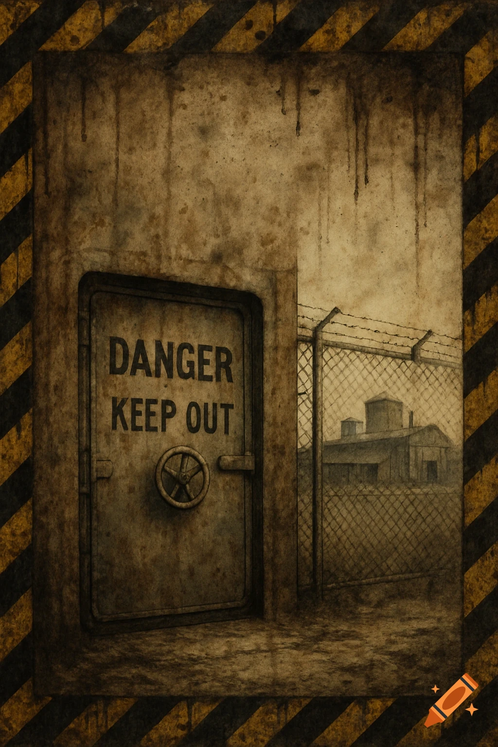 Grunge art illustration of a rusty door labeled 'DANGER KEEP OUT' next to a barbed wire fence and distant compound.