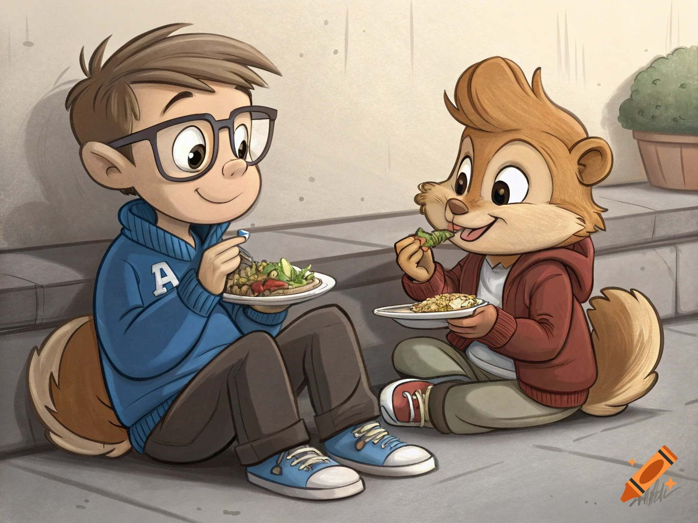Cartoon of a boy and a chipmunk sitting outside and eating from plates.