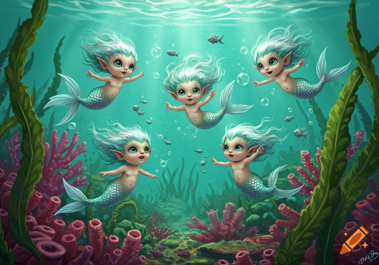 Multiple small, cute mermaids with blue hair swim among colorful coral and seaweed in clear blue water.