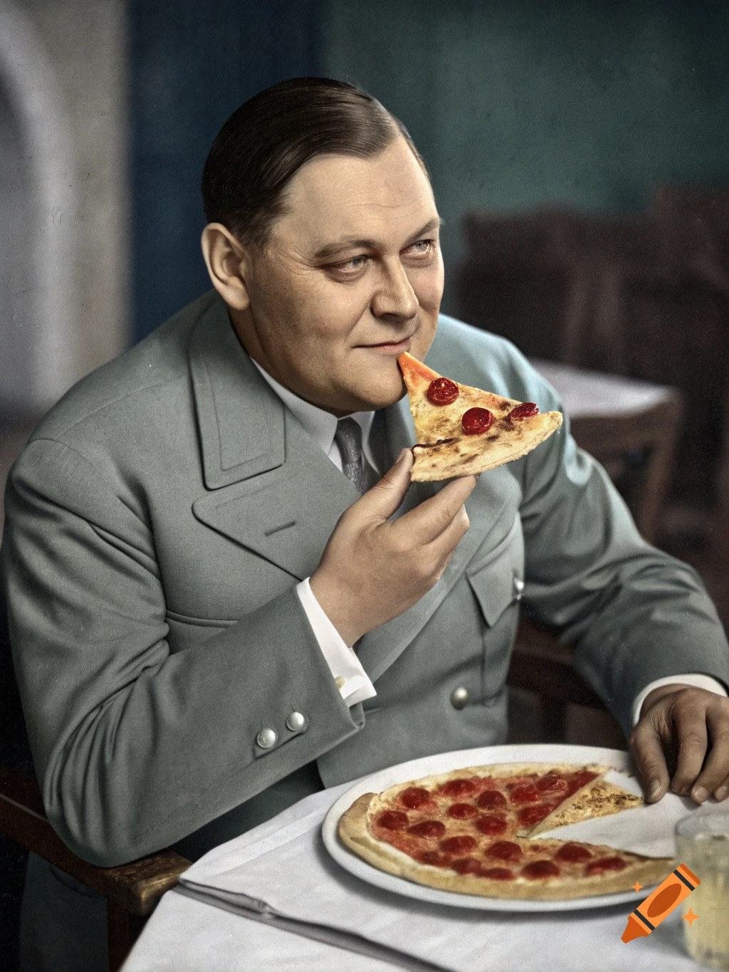 A man in a grey suit eats a slice of pepperoni pizza.