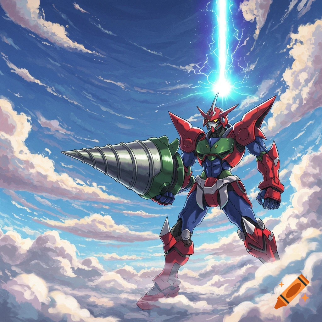 Anime style red, blue, and green mecha with drill arm stands in clouds under light beam.
