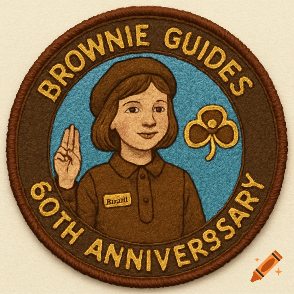 Illustrated badge of a child in a Brownie uniform making a salute, with text around the edge and a clover symbol.