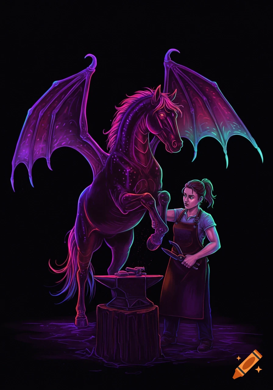 A female blacksmith trims the hooves of a horse with dragon wings in a neon style.