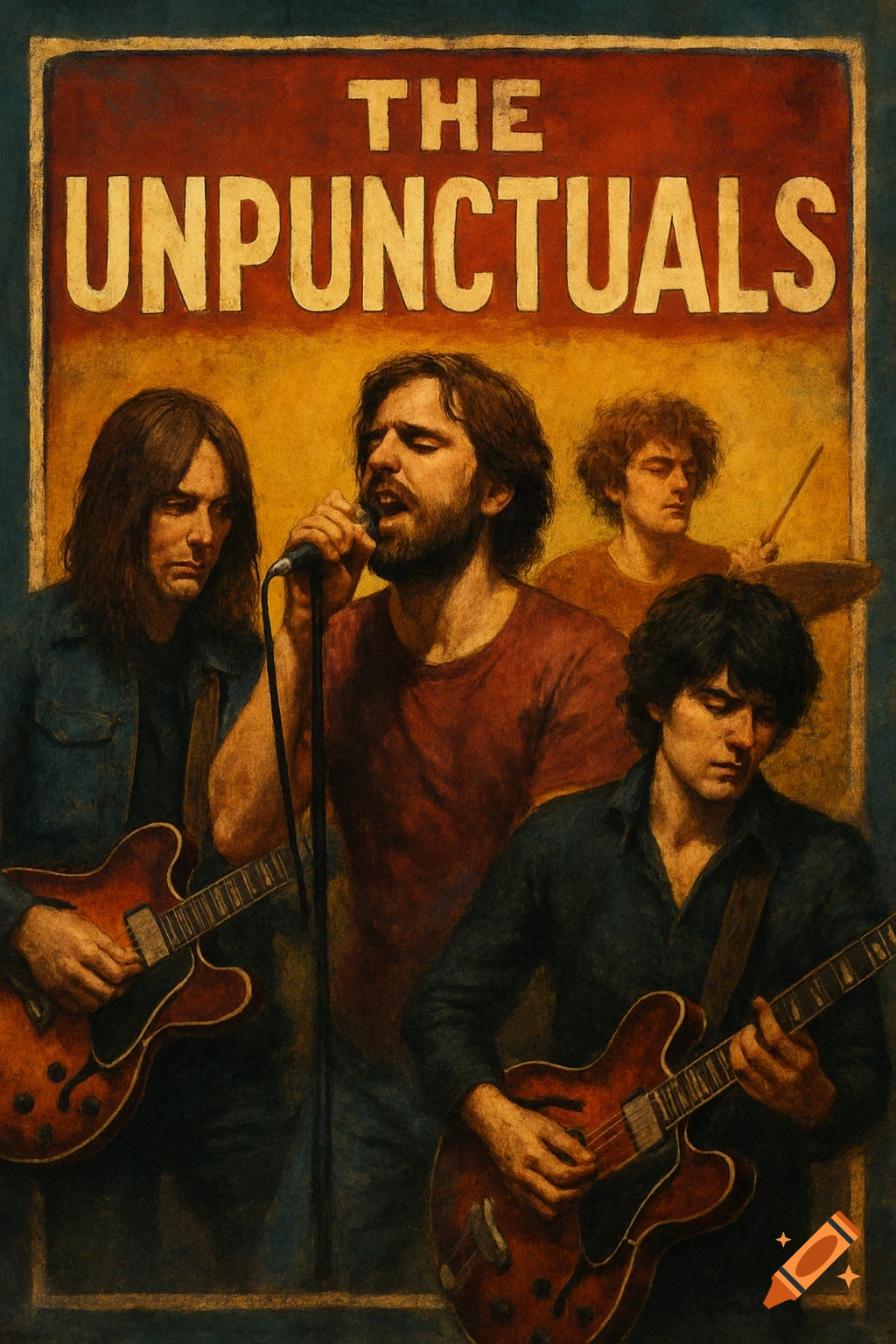 Painting of a rock band on a poster with text 'The Unpunctuals'.