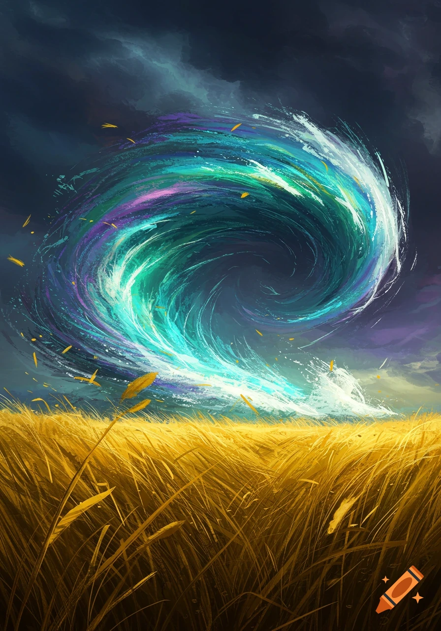 A swirling, colorful abstract representation of wind blows over a ...