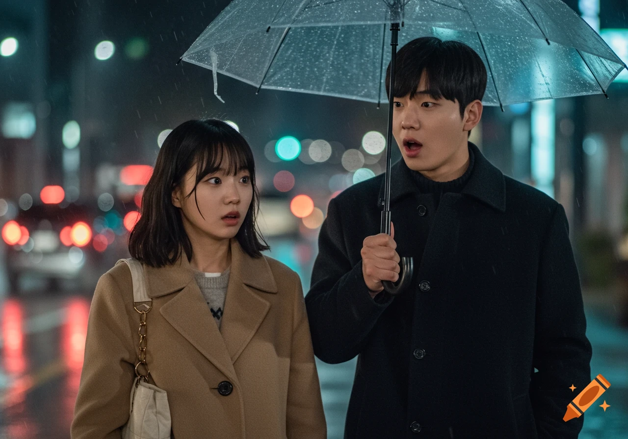 Two people under an umbrella in the rain at night, with blurred city lights in the background