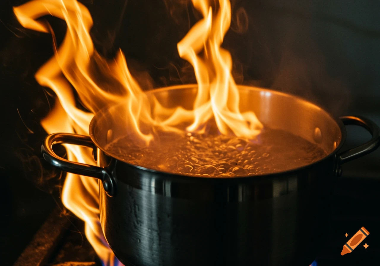 A pot of water boiling on a stove with large flames rising.