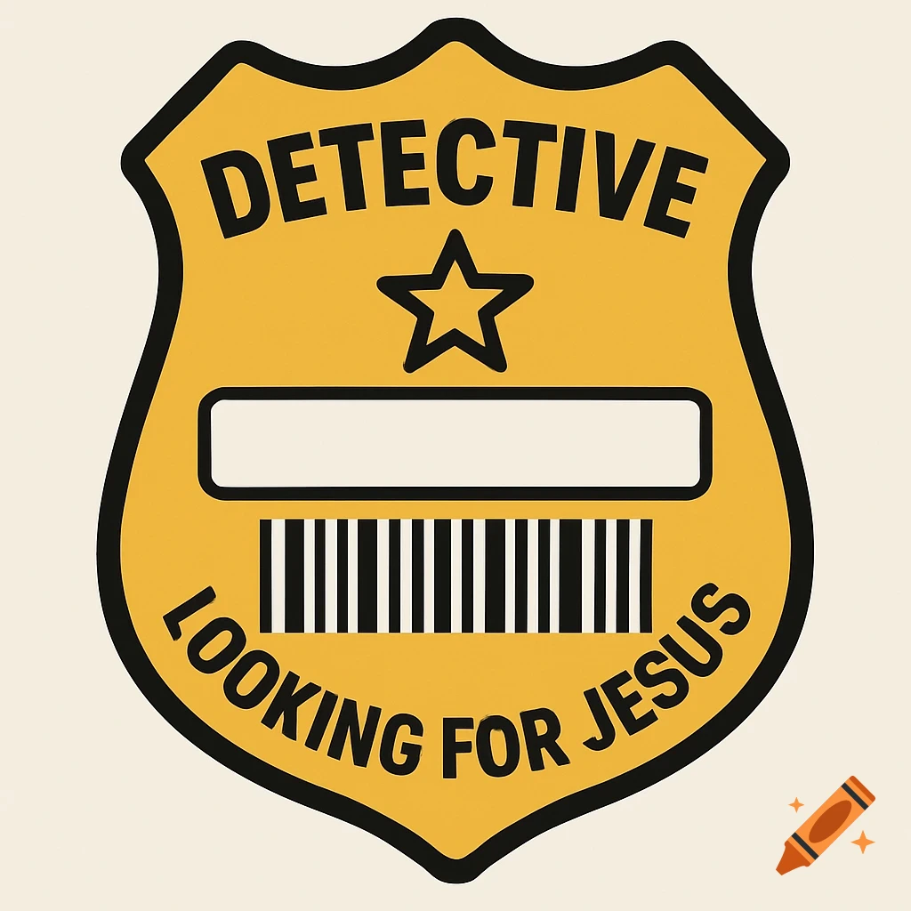 A yellow detective badge with a star, barcode, and the text 'DETECTIVE' and 'LOOKING FOR JESUS'.
