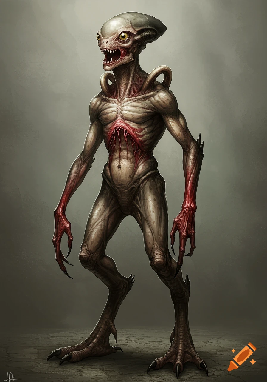 A reptilian alien monster with exposed chest, avian feet, and sharp claws.