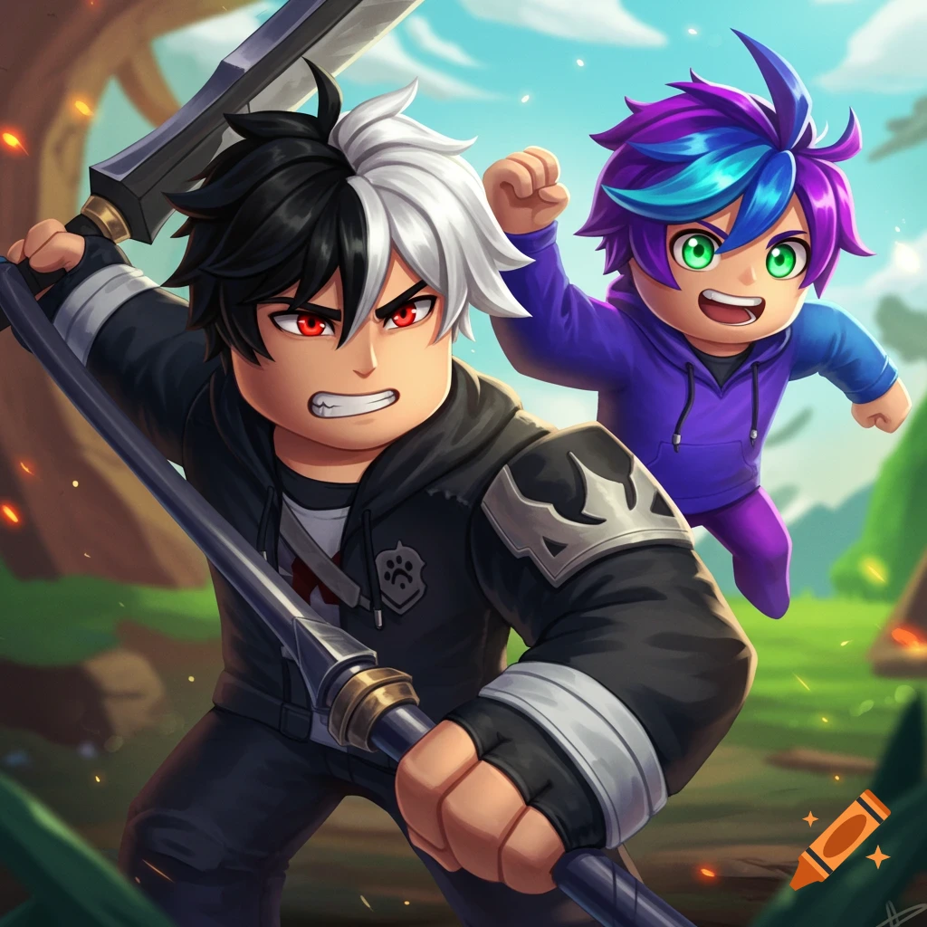Stylized illustration of two cartoonish characters from Roblox Forsaken in a forest. One with black and white hair holds a polearm, the other with blue and purple hair jumps behind him.