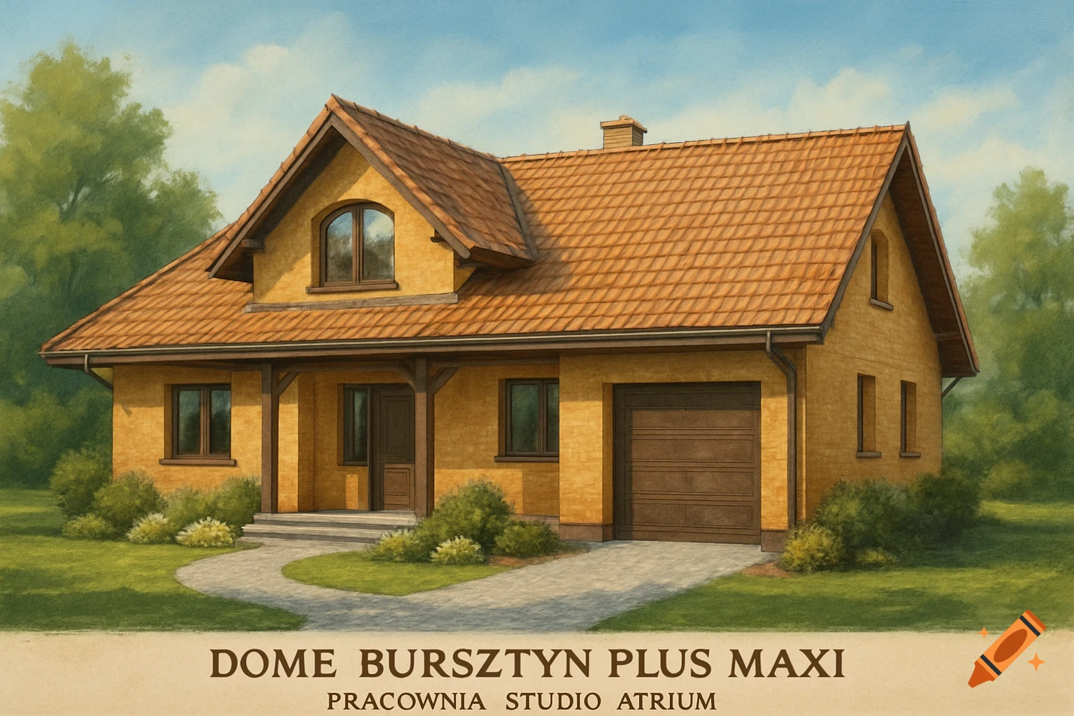 Painting of a yellow house with an orange tile roof, garage, green lawn, trees, and text at the bottom.