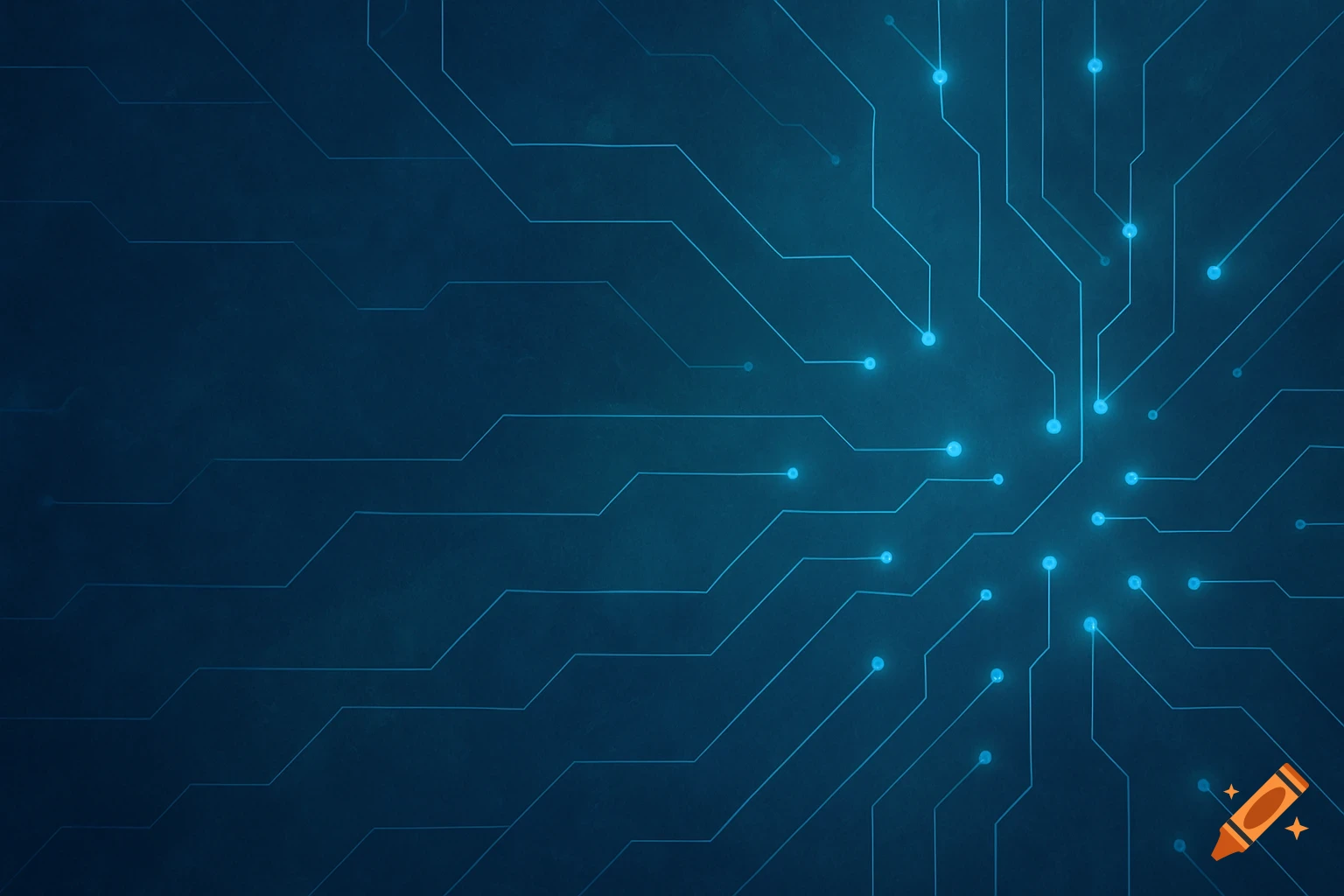 Abstract dark blue background with glowing blue circuit board lines and nodes.