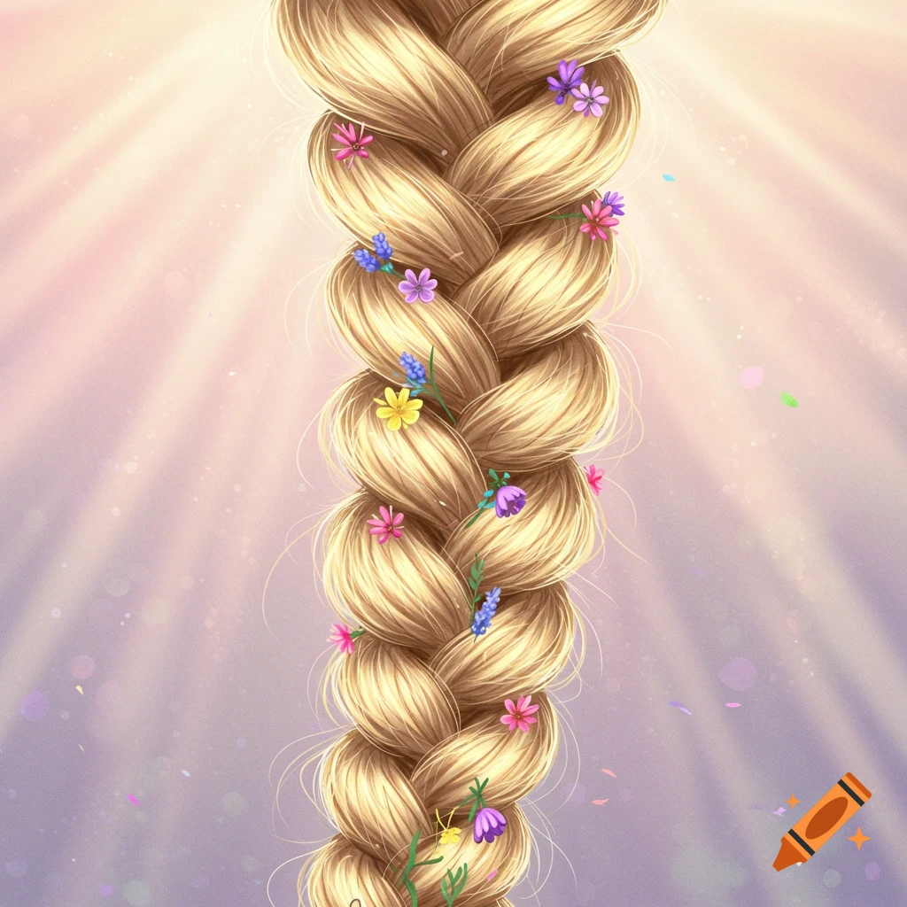 A close-up of a blonde braid adorned with colorful flowers against a glowing background.