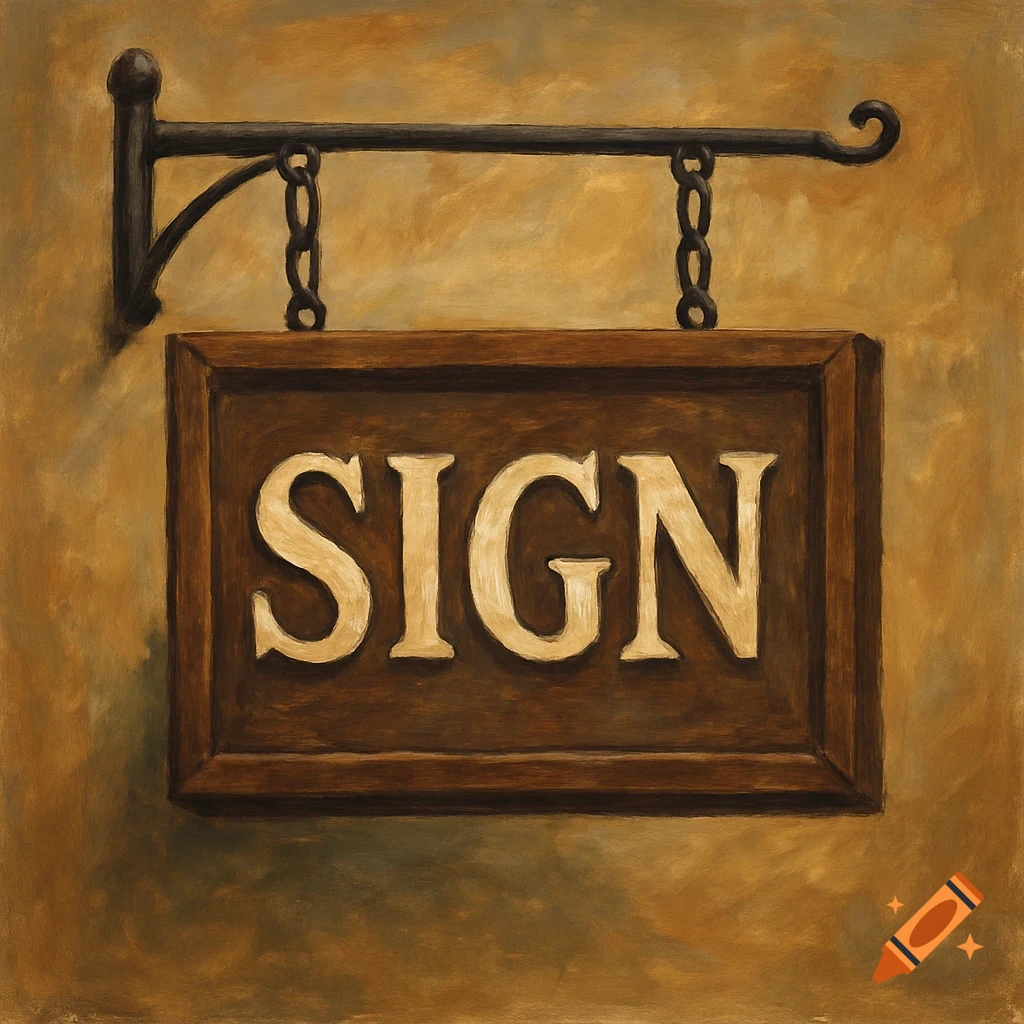A wooden sign hangs from a metal bracket, with the word "SIGN" in raised lettering. Painted style.