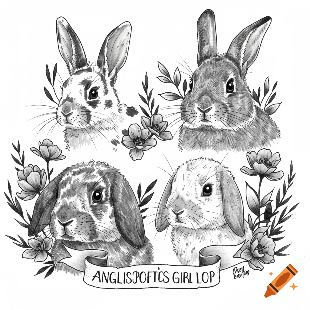Black and grey illustration of four different rabbits with flowers and a banner.