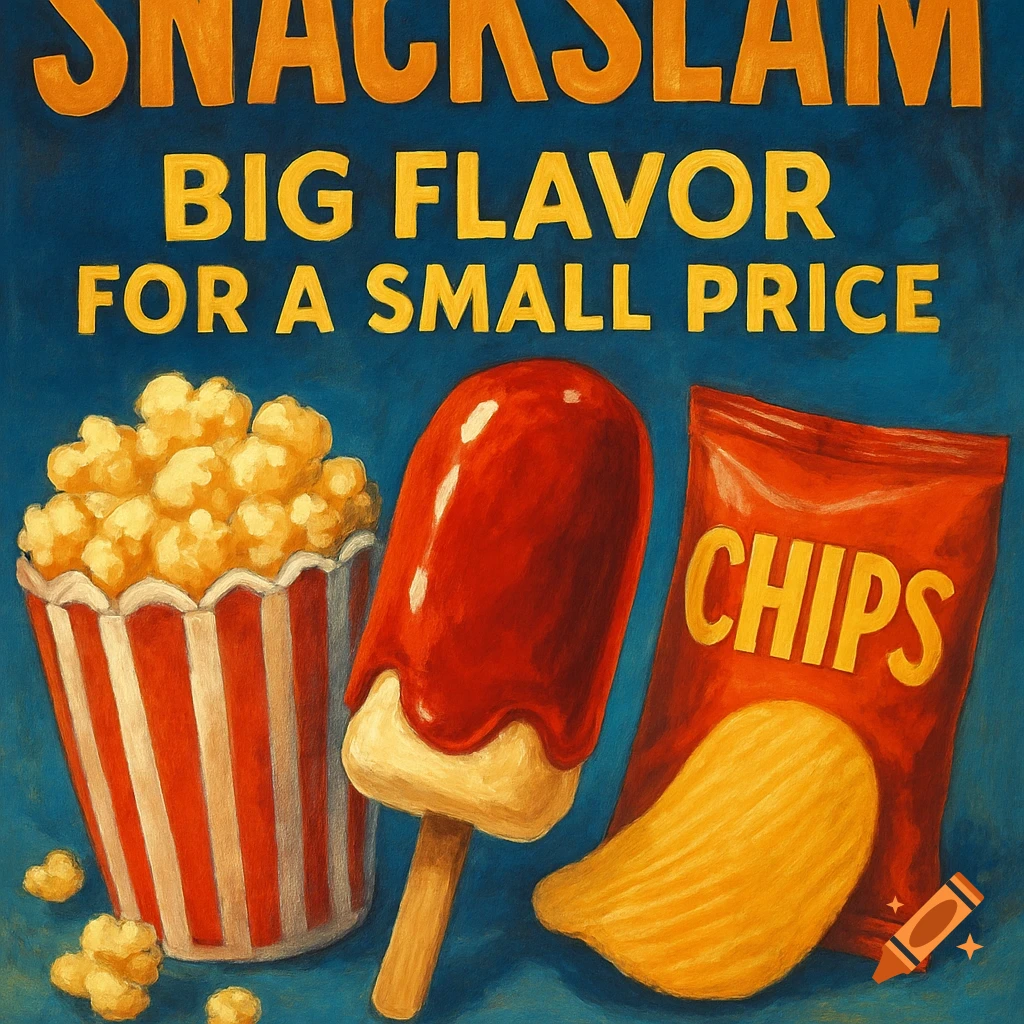 Painting of a popcorn cup, a red ice pop, and a bag of chips with advertisement text on a blue background.