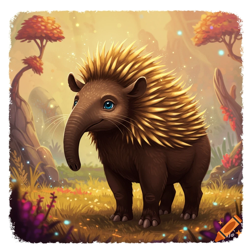 A cute cartoon fantasy creature with a long trunk-like snout and spiky golden fur stands in a bright, mystical forest.
