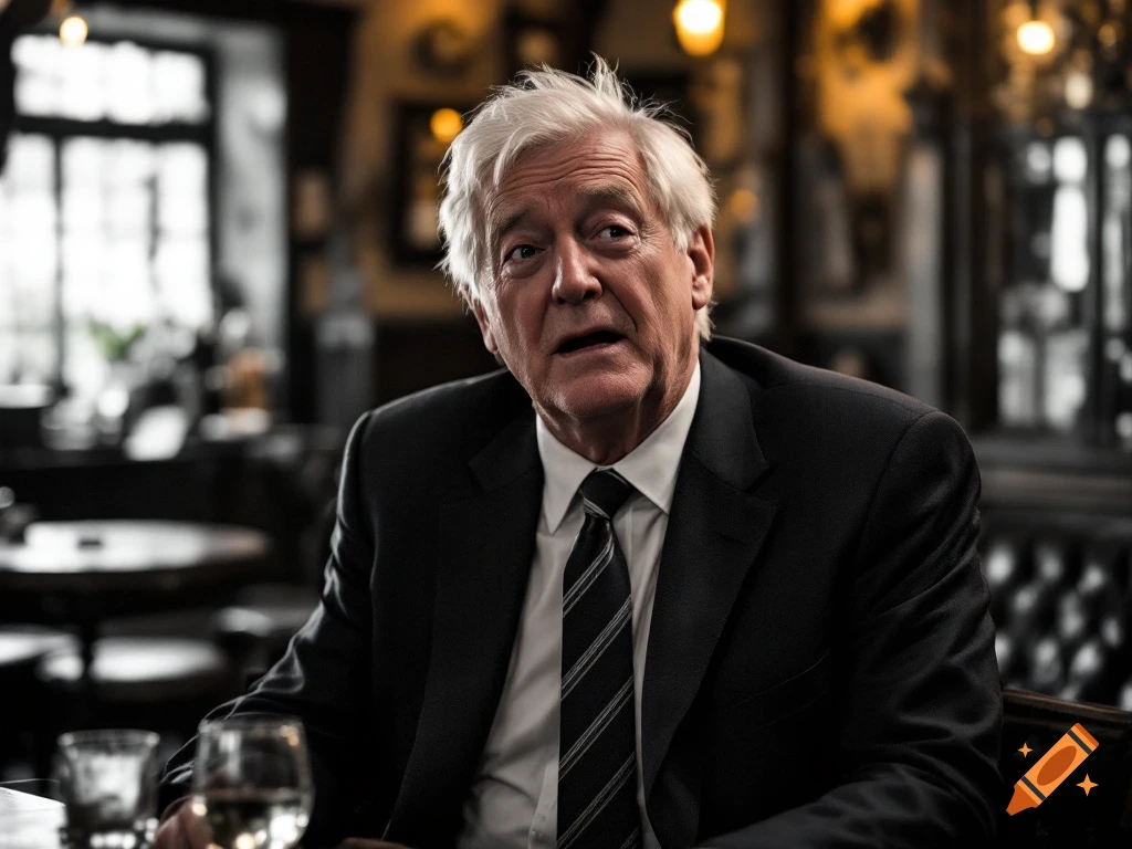 Photorealistic portrait of an older man in a suit sitting at a table in a pub