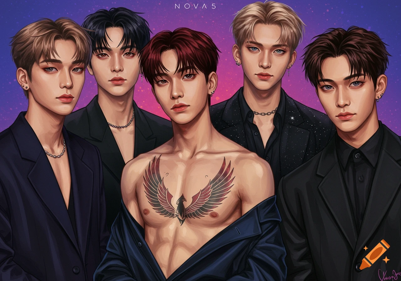 Illustration of five young men in suits against a colorful background, one with a chest tattoo.