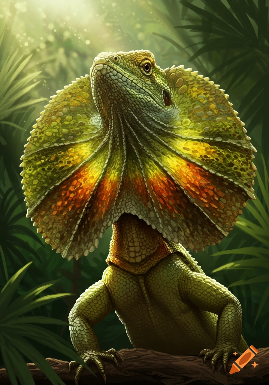 A frilled dragon lizard with its neck frill expanded sits on a branch in a jungle, bathed in sunlight.